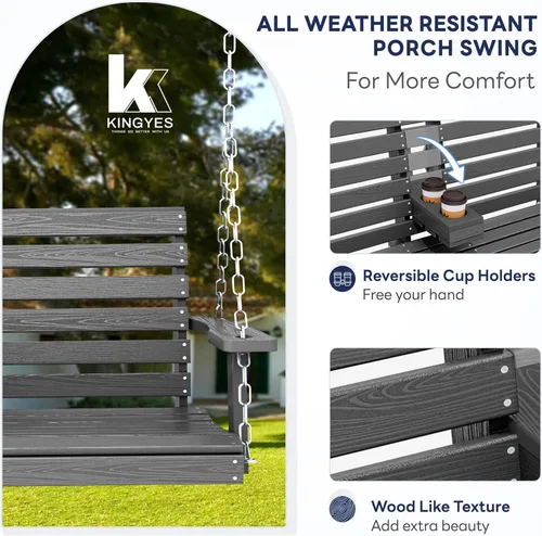 Miniatura 47 de KINGYES Columpio colgante para porche al aire libre, silla de columpio de patio de 2 asientos con portavasos, banco impermeable para patio y jardín