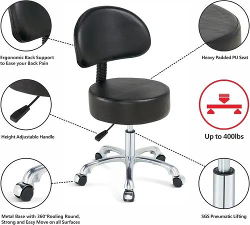 Miniatura 5 de Silla redonda con respaldo, acolchado grueso y resistente, taburete giratorio con ruedas, taburete ajustable con ruedas (con respaldo, negro)