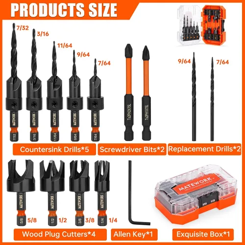 Miniatura 2 de Juego de brocas avellanadas, 15 piezas M2 cobalto HSS juego de herramientas de carpintería, juego de brocas cónicas de profundidad ajustable con 4