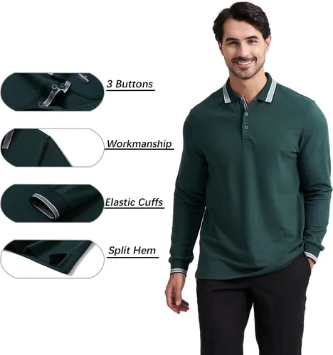 Miniatura 4 de Polo de piqué para hombre, manga larga, con punta de mezcla de algodón, casual, con cuello, ajuste clásico