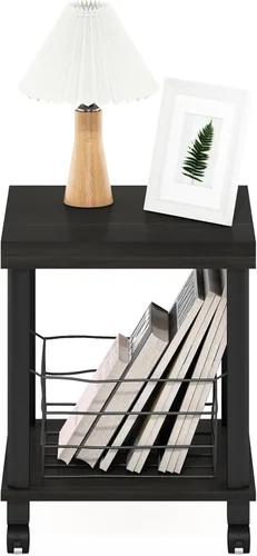 Miniatura 6 de Furinno Turn-N-Tube Mesa auxiliar, mesa auxiliar de mesa de 2 niveles gruesos con ruedas, mesa de noche de montaje sin herramientas, mesa de noche