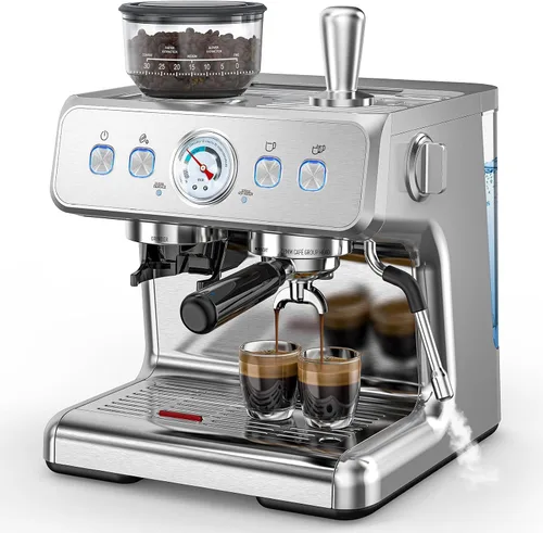 COWSAR Máquina de café expreso de 20 barras con molinillo y espumador de leche, máquinas de café Expresso de 2.283 in, cafetera comercial de acero