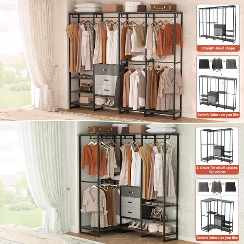 Miniatura 2 de Aheaplus Organizador de Closet de Madera para Colgar Ropa, Perchero de Ropa Resistente, Sistema de Closet en Esquina en Forma de L Grande con 3