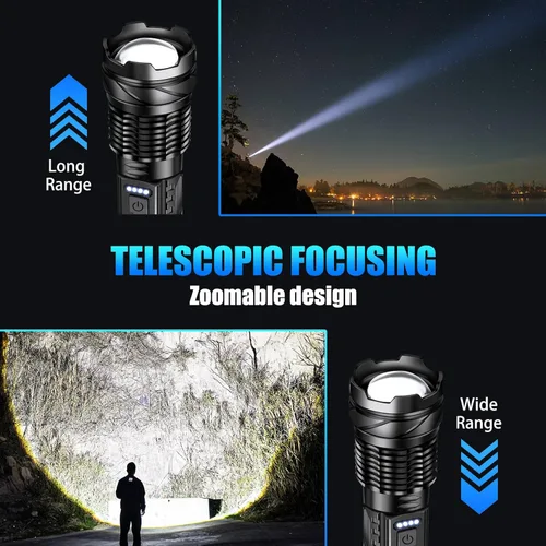 Miniatura 4 de Linternas recargables LED de alto lúmenes, paquete de 2 luces LED láser blanco súper brillante de 7 modos con zoom, linternas tácticas, carga USB-C