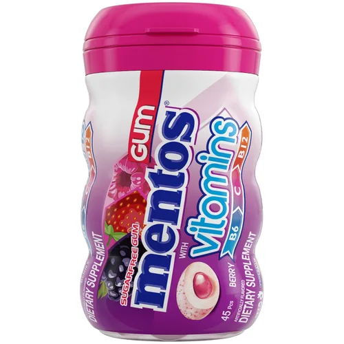 Miniatura 4 de Mentos Goma de mascar de vitaminas, goma de mascar sin azúcar con vitaminas y edulcorante de xilitol, bayas, botella de 45 unidades, 6 botellas