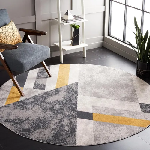 SAFAVIEH Odyssey Collection - Alfombra redonda de 6 pies 7 pulgadas, gris y negro dorado, diseño abstracto moderno, ideal para zonas de alto tráfico