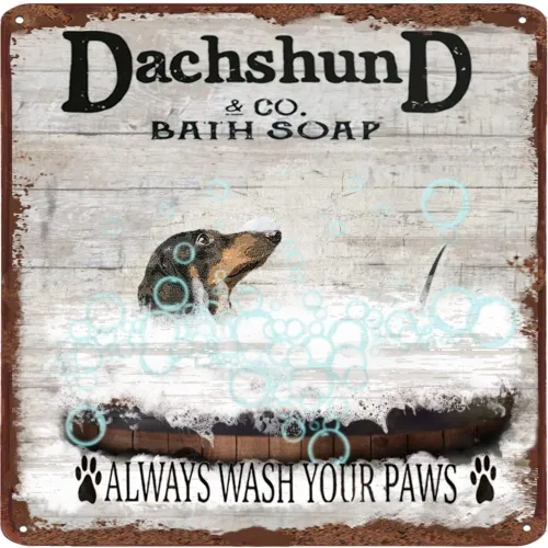 Dachshund & Co. Póster de jabón de baño, letrero de metal Wash Your Paws, póster de perro salchicha, regalo para amante de los perros, impresión de