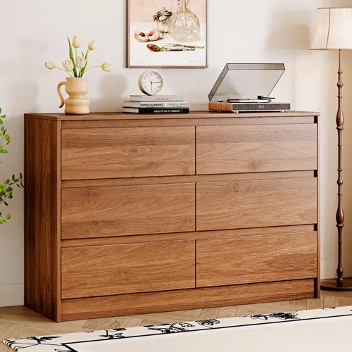 Chrangmay Cómoda de 6 cajones, cómoda de mediados de siglo de 47 pulgadas de ancho, cómoda de madera con 6 cajones de almacenamiento para