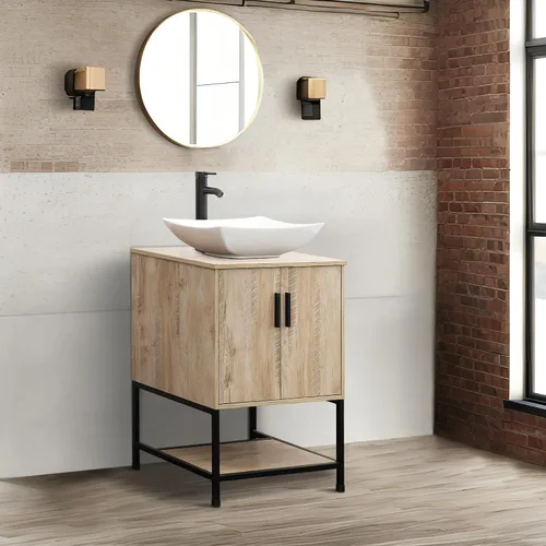 Miniatura 5 de UEV Tocador de Baño de Roble Rústico de 24" con Lavabo, Conjunto de Gabinete de Baño con Marco de Hierro Industrial con Puertas y Estante, con Combo