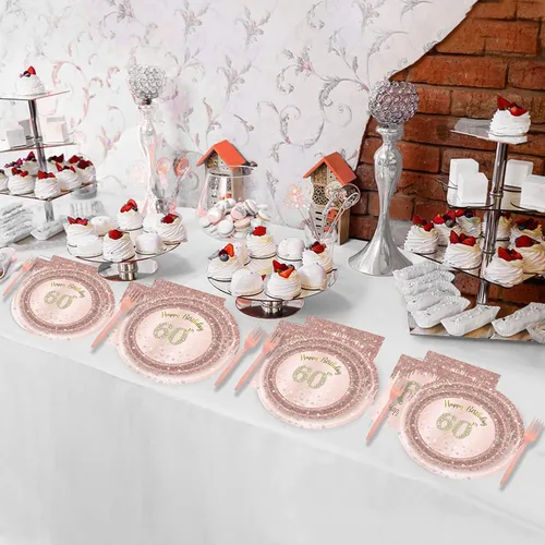 Miniatura 7 de 24 juegos de decoración de fiesta de 60 cumpleaños en oro rosa para mujeres, 60 platos de cumpleaños y servilletas, tenedores, suministros de fiesta