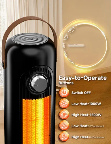 Miniatura 8 de Calentador de espacio de 24 pulgadas con 4 modos de calor, oscilación de 70°, protección contra sobrecalentamiento y vuelco, calentadores eléctricos