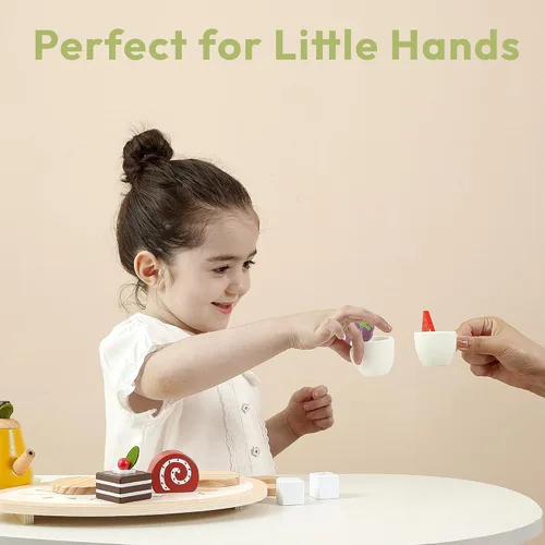 Miniatura 6 de PairPear Juego de fiesta de té de madera para niñas pequeñas, juegos de té para niños pequeños de 3 a 5 años, 20 piezas, juego de té de frutas