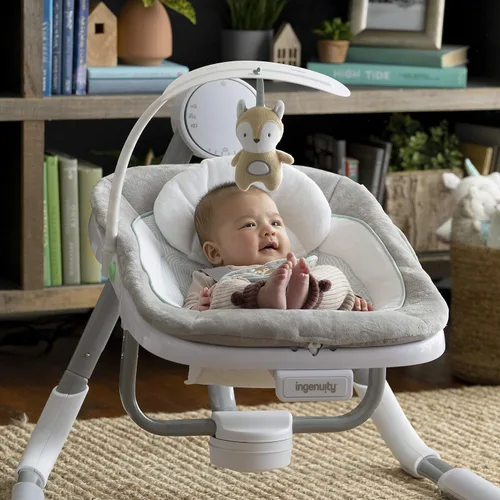 Miniatura 13 de Ingenuity Anyway Sway - Columpio portátil plegable de 5 velocidades y asiento infantil multidireccional con vibraciones, sonidos de la naturaleza