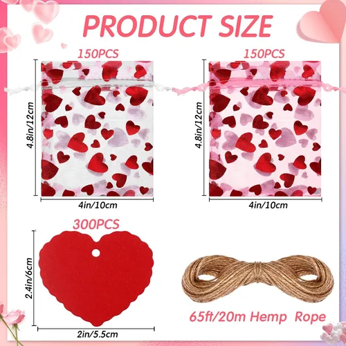 Miniatura 2 de Windyun 300 bolsas de regalo para el día de San Valentín, bolsas de dulces de San Valentín, bolsa con cordón de corazón, regalos para el día de San