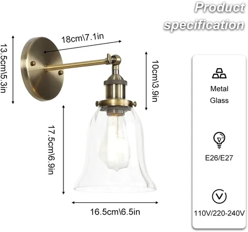 Miniatura 4 de Retro Glass Wall Light Industrial Wall Sconce Farmhouse Wall Lamp, Vintage Wall Mount Lighting Fixture Hardwired Sconces for Living Room Loft Bronze