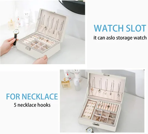 Miniatura 2 de ProttyLife Joyeros para mujer, 2 capas grandes, organizador de joyas para mujer, organizador grande con cerradura para joyería, soporte para aretes