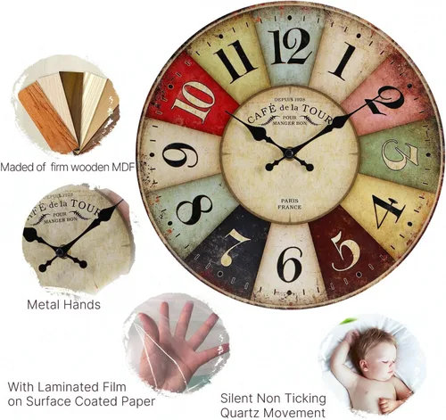 Miniatura 2 de Reloj de pared de 12 pulgadas, estilo retro, rústico, de cuarzo, silencioso, sin tictac, de madera, funciona con pilas, para sala de estar, cocina