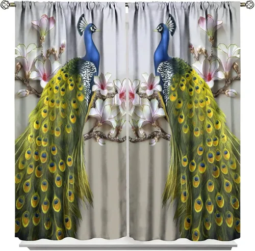 Miniatura 51 de Cortina opaca con estampado de pavo real, con estampado de animales retro, con bolsillo para cortinero y flores de peonía doradas, para dormitorio