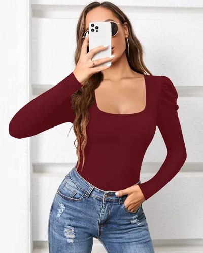Miniatura 4 de MANGOPOP Body de manga abombada para mujer, cuello cuadrado, traje de cuerpo para mujer, manga larga, camisa, camiseta elegante