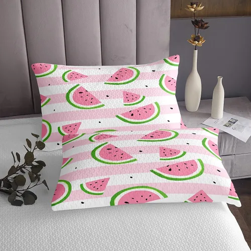 Miniatura 3 de Manfei Colcha de sandía, tamaño Queen, colcha acolchada con estampado de frutas Kawaii con 2 fundas de almohada, juego de colcha de rayas rosas