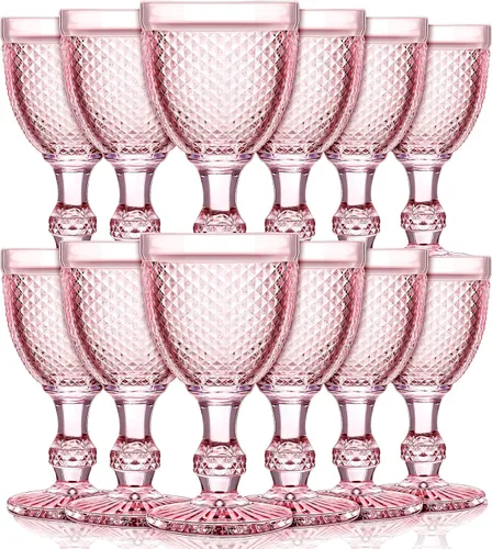 Miniatura 11 de Bokon Juego de 6 copas de vidrio ámbar de 10 onzas de alto transparente, copas de agua vintage, diseño de diamante en relieve, cristalería con tallo