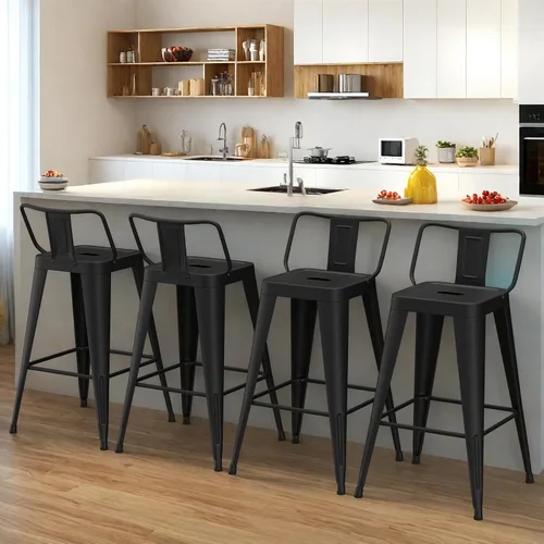 Miniatura 6 de Juego de 4 taburetes de bar de metal, taburetes de bar de altura de mostrador con respaldo bajo, sillas de bar industriales modernas de 24 pulgadas