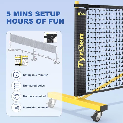 Miniatura 8 de Pickleball Net Set, Pickleball Net on Wheels for Driveway Backyard, 22FT Regular Size, 4 Pickleball Paddles & 6 Balls, 12 Court Markers, 1 Carry