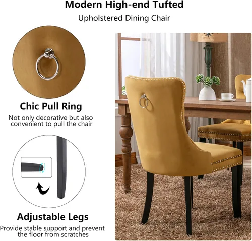 Miniatura 5 de Juego de 4 sillas de comedor de terciopelo, sillas de comedor tapizadas con ribete de cabeza de clavo, patas de madera, anillo de tracción, sillas