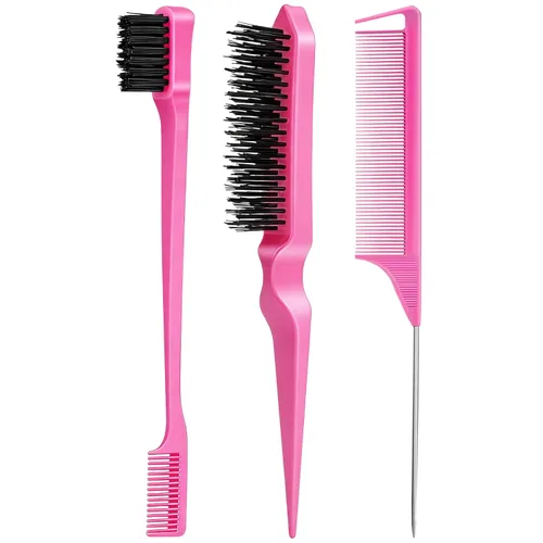 Juego de 3 piezas de peines para peinar el cabello, cepillo de cardado, peine cola de rata, cepillo de bordes para cepillado de bordes y parte Rosa