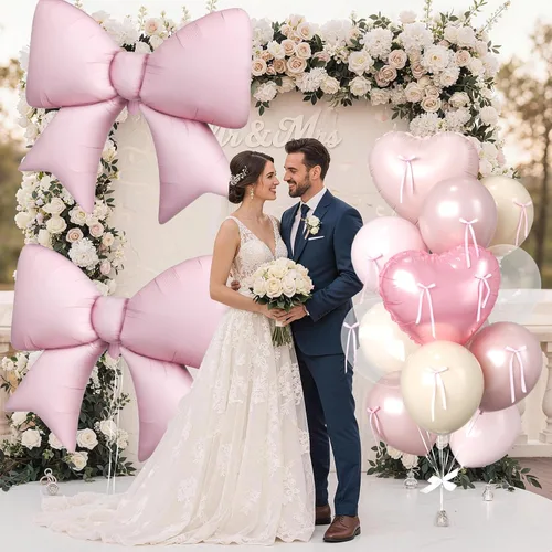 Miniatura 5 de 16 globos de corazón rosa, globos de lazo de 38 pulgadas, globo transparente rosa perla de doble relleno y arco en forma de corazón globo