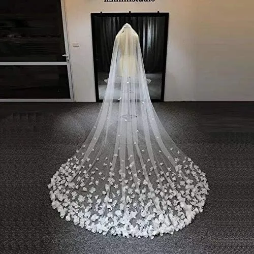 Miniatura 2 de Velo de novia largo velo de novia flores 3D encaje floral blanco velo lujoso para novia con peine catedral boda