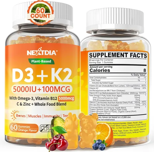 Gomitas de vitamina D3 K2 5000IU / 10,000 UI con omega-3 250 mg+K2 (MK-7) 100 mcg -5 veces absorción que D3K2 estándar, con vitamina C, zinc y 5