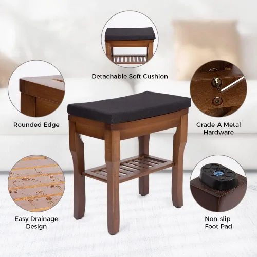 Miniatura 6 de StrongTek Banco de ducha de bambú con cojín, taburete de ducha con estante de almacenamiento, ligero, antideslizante, diseño de drenaje rápido