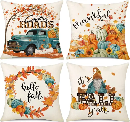 NIGHTWISH Juego de 4 fundas de almohada de otoño de 16 x 16 pulgadas, decoración de granja de Acción de Gracias, color verde azulado, camión, gnomo,