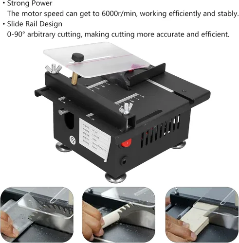 Miniatura 4 de Sierra de mesa Mini 100W, riel deslizante ajustable para carpintería, engranajes de 7 velocidades, corte de 0-90 grados, 0-6000r / min, aleación