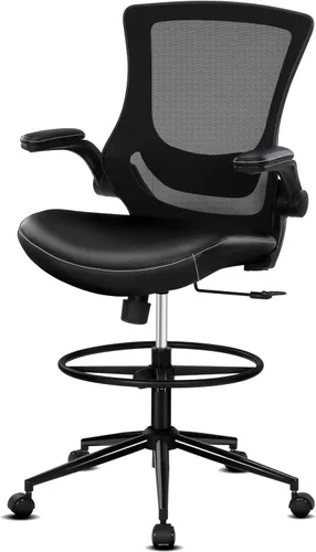 Misolant Silla alta de oficina para escritorio de pie, silla de dibujo con anillo para el pie, silla de escritorio alta reclinable de piel sintética