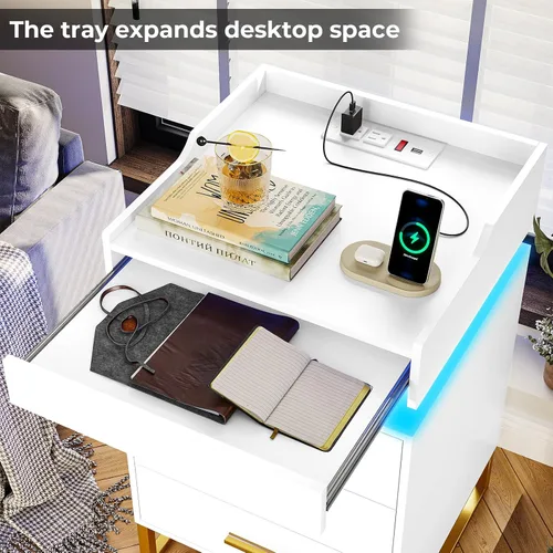 Miniatura 4 de BTHFST Mesita de noche LED con estación de carga, mesita grande con 3 cajones y 1 bandeja extraíble, mesa de noche moderna con luces LED, mesa
