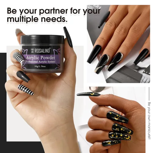 Miniatura 3 de Rosalind Polvo de uñas acrílico negro 50 g/1.76 oz – Polímero de cristal negro polvo de uñas para extensión acrílica, no necesita lámpara