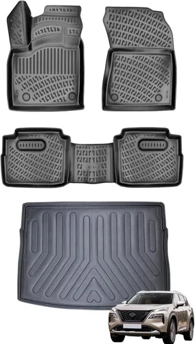 Alfombrillas de coche + forro de carga compatibles con Nissan X-Trail E-Power 2021-2023 de 5 asientos, color negro, juego completo delantero y