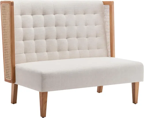 Andeworld Banco de sofá biplaza con brazos de ratán, mini sofá tapizado moderno con respaldo alto, banco de comedor para banqueta para sala de Beige