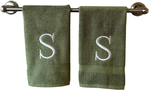 Miniatura 46 de Toalla de mano con inicial beige para baño, toalla bordada decorativa de calidad de hotel de lujo con monograma para tocador, spa, certificado