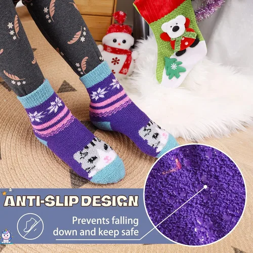 Miniatura 3 de Calcetines peludos para niños y niñas con agarres antideslizantes suaves cálidos acogedores para invierno mullidos para niños y niñas