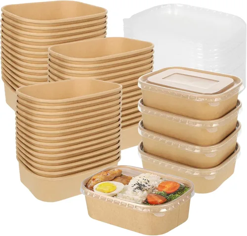 Paquete de 50 cuencos desechables de papel kraft de 17 onzas con tapas, recipientes rectangulares de preparación de comidas a granel, ensaladera de