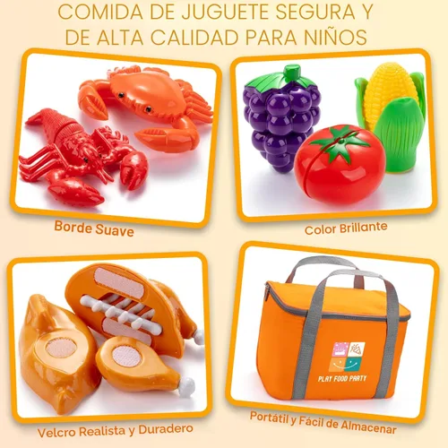 Miniatura 4 de Juboury - Juego de comida de simulación para niños pequeños, alimentos de juguete para cortar con bolsa de almacenamiento, bandeja y platos de acero