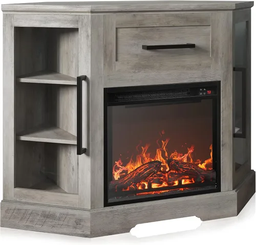 BELLEZE Soporte de TV de esquina de 43 pulgadas con calentador eléctrico de chimenea de 18 pulgadas para televisores de hasta 43 pulgadas, moderno