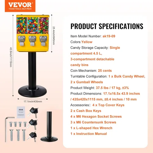 Miniatura 7 de VEVOR Máquina Expendedora Comercial, Dispensador de Dulces de Triple Compartimento con Soporte de Hierro, Máquina de Chicles y Dulces para Negocios