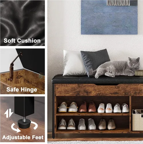 Miniatura 3 de Banco para zapatos, banco de almacenamiento de zapatos con tapa elevable, banco de entrada con estante ajustable, organizador de zapatero de metal
