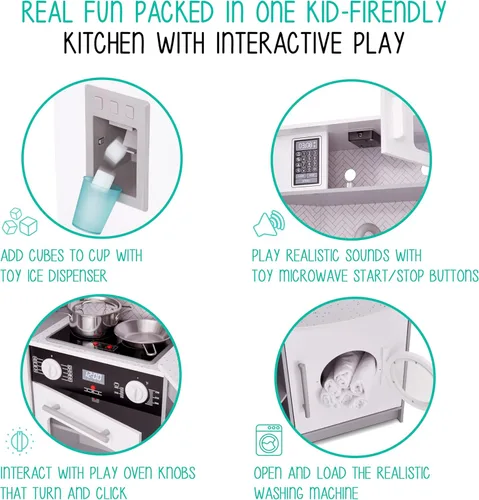 Miniatura 4 de Lil' Jumbl Juego de cocina de esquina para niños, cocina de lujo de madera de simulación, máquina de hielo a pilas, estufa y grifo con sonido gris