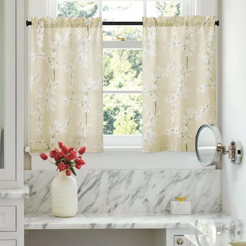 Miniatura 17 de FMFUNCTEX Cortinas de Nivel de Cocina Verde y Blanco de 24 Pulgadas de Largo con Estampado de Flores, Cortinas de Media Ventana para Baño