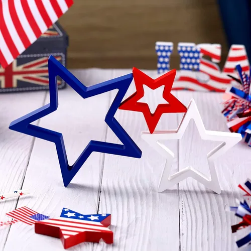 Miniatura 2 de Blulu 3 piezas de decoración patriótica del 4 de julio, letreros de madera de estrella de Estados Unidos, color rojo, blanco y azul, estrella